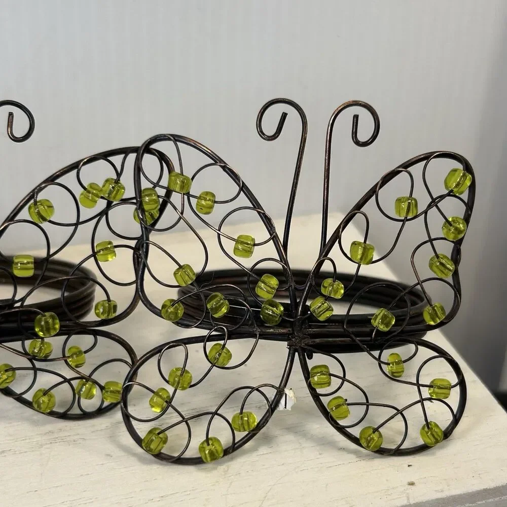 Set of 4 Butterfly Napkin Rings Green Beads Brown Wire Spring Table Decor
